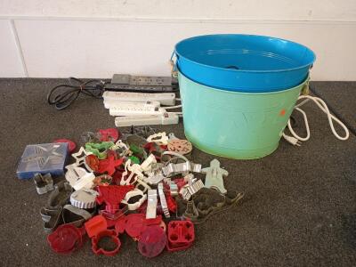 Lot of Cookie Cutters, (6)Surge Protectors, (2) Round Decorative Buckets w/Handles 18"X16"X11"