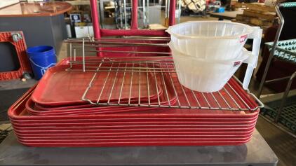 Assorted Items (14) Serving Trays (9) Lrg (3) Med (2) Sml , (2) Coffee Pot Strainers & More