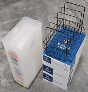 (3) New Boxes of Expanding File Folders , (27) Plastic Storage Bins , Metal File Sorting Stand