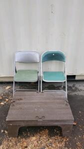(2) Metal Folding Chairs And Cambro Step Stool