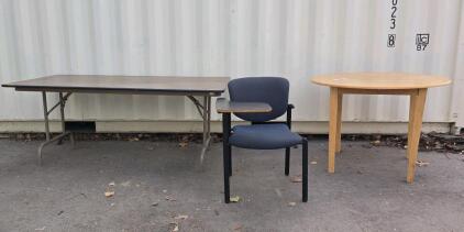 (1) 72"W X 36"D X 28"H Folding table & (1)39"wx39"Dx29"H Round Table,Haworth Improv Seating student desk chair with a right tablet arm.