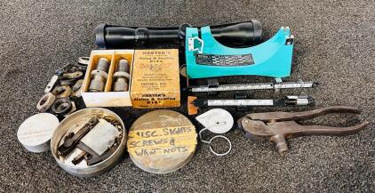 Reloading Tools Including: Scale Parts, Herters Full Length Sizing and Seating Dies, Sight Screws, 38 WCF Handloader and More