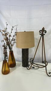 (1) Rustic Log Lamp (1) 29in Metal Picture Stand (2) Amber Vases 12in, 8.5in