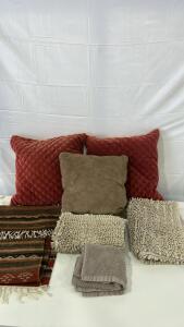 (3) Pillows (2) El Paso Navajo Place Mat And Table Runner (2) Fluffy Bath Mat (1) White Mattress Topper