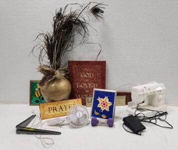 (1) Singer Heavy Duty Sewing Machine W/ Pedal Cord (1) Desk Clamp Fan (1) Decorative Grass And Peacock Feather Filled Vase And More
