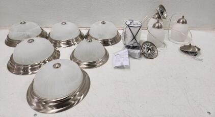 (6) Allen + Roth Flush Mount Ceiling Fixture W/ Alabaster Glass Shade (1) Osimir Glass Pendant Lights (3) Modern Pendant Lights