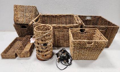 (1) Tiffany-Style Stained Glass Turtle Accent Lamp (1) Wicker Table Lamp And Assorted Wicker Baskets
