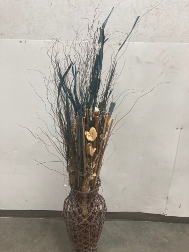 Open Vase With Bamboo Artificial Leafs And Strings Of Wood