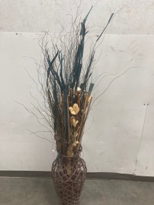 Open Vase With Bamboo Artificial Leafs And Strings Of Wood