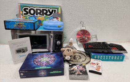 (1) Midland Commercial Microwave Oven W/ Instruction Manual (1) CyberPowerPC Multimedia Gaming Keyboard (1) Vintage Red Electric Clock And More