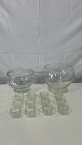 (1) Vintage Jeanette Pressed Glass Embossed Fruit Motif Punch Bowl w/ 12 cups (1) 10.5inx9.5in Glass Bowl