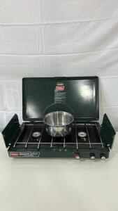 (1) Classic Propane Gas Camping Stove, 2-Burner (1) Coleman Peak 1 Stainless Steel/Copper