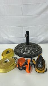 (1)Cast Iron Patio Umbrella Base (4)Ratchet Straps