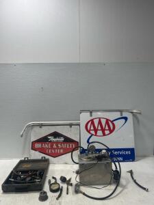 (1) Automotive Fuel Pump Injection Cleaner. (1) 26&rdquo;x 24&rdquo; AAA Sign (1) 24&rdquo;x 18&rdquo; Raybestos Brake and Safety center And more.
