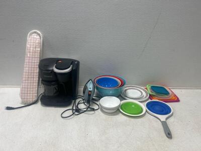 (1) Keuig Coffee maker (1) 22&rdquo;x 4&rdquo; Ironing Board (1) Light&rsquo;neasy Iron. And more.