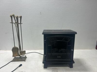 (1) 20&rdquo;x 23&rdquo;x 13&rdquo; Dualflame Fire place space heater (1) Duck fireplace tool set.