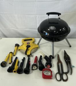 (1)Expert Grill 14.5" Portable Charcoal Grill (1)Ace 200' Fiberglass Open-Reel Tape Measure (10)Gas Can Spouts (2)Tin Snip Shears (1)25ft Tape Measure