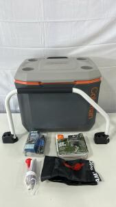 (1) Sawyer MINI Water Filtration System (1) Ozark Trail 5-Gallon Solar Camp Shower (1) Fold-Away RV Grab Handle (1) Coleman 50-Quart Xtreme 5-Day Hard Cooler