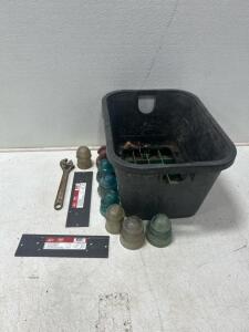(8) Vintage glass insulators (1) wrench and more