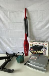 (1) George Foreman G+ Broil Grill (1) Dirt Devil SimpliStik Lightweight Corded Bagless Stick Vacuum (1) Cast Iron Tea Pot & More