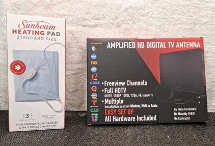 (1) Sunbeam Vinal Heating Pad W/ Cover & 3-Heat Settings, Standard Size 12" x 15" & (1) Amplified HD Digital TV Antenna
