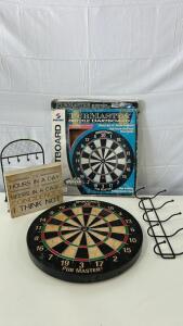 (1) Sportcraft Pubmaster Silver Series Bristle Dart Board - Model 79301 - 18" (1) 10inx8.5in Wall Art (1) 16.5in Metal Wall Coat Hanging