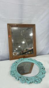 (1) 24.5inx20.5in Hanging Mirror With Wooden Frame (1) 21in Turquoise Round Mirror
