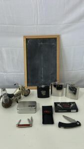 (1) Duluth Trading Co. Trifold Pocket Knife (1) Frost Cutlery Park Ranger ll Pocket Knife (3) Stainless Steel Flask & More