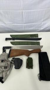 (2) 22in Steel Machete (1) Drop Leg Tactical Holster (1) 54in Rifle Sock (1) Baikal Rifle Stock End & More