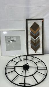 (1) 28inx13in Wooden Feather Wall Art (1) 50cmx50cm White Ribba Pictures Frame (1) Black Metal Clock Wall Art