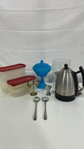 (3) Rubbermaid Containers (1) Hamilton Beach Electric Kettle (1) Indiana Glass Grape Harvest Frosted Compote Candy Dish With Lid & More