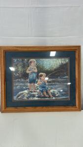 (1) Art Nelda Pieper First Bite Fishing Children Home Garden Signed Framed Print