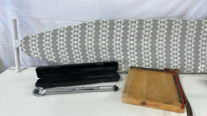 (1) Vintage INGENTO Paper Cutter (1) 3/8" Micrometer Adjustable Torque Wrench (1) 53inx13in Ironing Table
