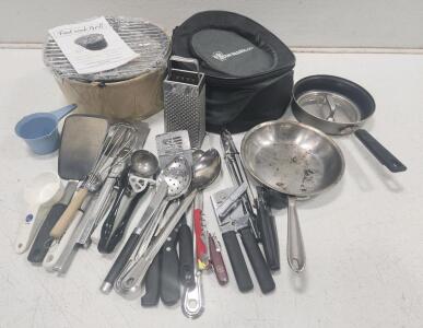 (1) Fast Cook Grill Trays W/ Carrying Case (2) Stovetop Pans And Assorted Utensils