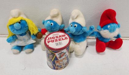 (1) Norman Rockwell Montage Jigsaw Puzzle W/ Collectable Tin (4) Assorted Vintage 1980s Smurf Plushes