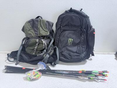 (1) Black Monster BackPack & (1) Green & Gray Arei Back Pack & (1) Bundle Of Arrows & Arrow Nocks- Various Sizes