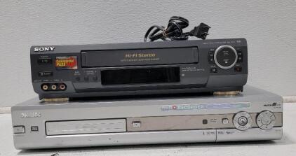 (1) Sony SLV-AX10 VCR Hi-Fi Stereo 4 Head VHS Player Video, Tested, powers on (1) Philips DVDR 80/17 DVD Recorder Player ReWritable, Tested, powers on