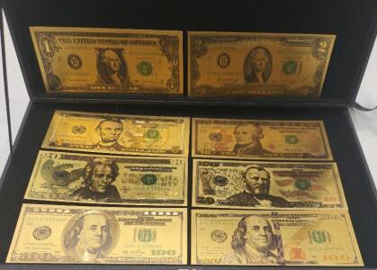 (1) Novelty 24K Gold Foil Plated United States One Dollar Bill (1) Novelty 24K Gold Foil Plated United States Two Dollar Bill (1) Novelty 24K Gold Foil Plated United States Five Dollar Bill And More