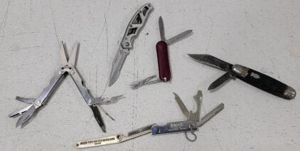(1) Gerber Paraframe Pocket Knife (1) SOG Crosscut Multitool (1) Imperial Folding Pocket Knife (1) Vintage Small Box Opener from Idaho Typewriter Exchange (1) Small Multi-tool from Edmark Chevrolet (1) Small Swiss-Army Type Knife