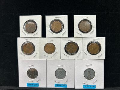 (3) Steel Cent Pennies (1) 1935 Wheat Penny and more