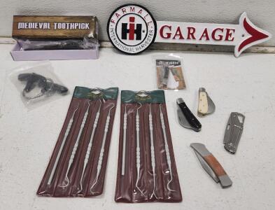 (1) IH Farmall Cast Iron Garage Arrow Sign (1) 7" Medieval Toothpick Dagger (2) Szco Dental Pick Set And More