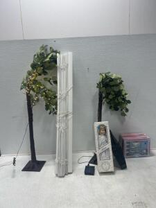 (2) 47&rdquo; tall Ligjt up fake trees (1) DuckHouse Alice doll. (2) Storage baskets and more