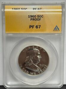 1960 Franklin Half Dollar Coin, PF 67, ANACS Certified, Serial 4565168