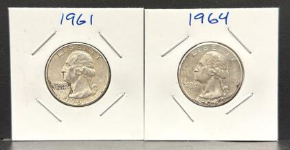 1961 & 1964 Washington Quarters, 90% Silver, U.S. Mint