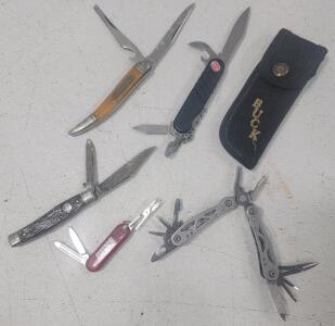 (1) Western USA Yellow Handle 2 Blade S-751 Stainless Steel Fish Knife (1) Vintage Imperial Folding Pocket Knife (1) Sheffield Multi-tool (1) Swiss Buck Legend Knife Made In Switzerland By Wenger Black Mini Multi Tool (1) Small Swiss-Army Style Pocket Kni