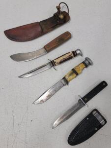 (1) West-Cut Fixed Blade Knife w/clip-on Sheath (1) G.C.CO. Hunting Knife (1) Fixed Curved Blade Knife, no markings (1) KA-BAR Fixed Blade Knife,