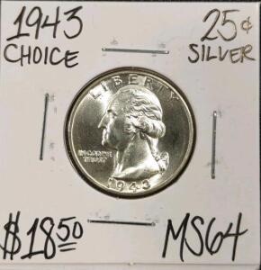 1943 MS64 Choice Silver Washington Quarter