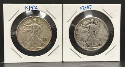 1942 & 1945 Walking Liberty Half Dollar Coins, U.S. Mint, Silver