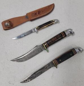 (2) Western Boulder Colo. Vintage Fixed Blade Knives (1) Small Fixed Blade Queen Cutlery Knife