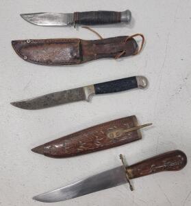 (1) Judson Cutlery Co. Fixed Blade Knife w/Leather Sheath (1) Fixed Blade Dagger w/Brass Fittings from India (1)Fixed Blade Knife by Imperial